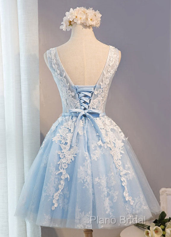 Blue Simple Tulle Homecoming Dresses Lace Applique, Baby Blue Sash Backless A Line Knee Length Formal Dresses Secondary image