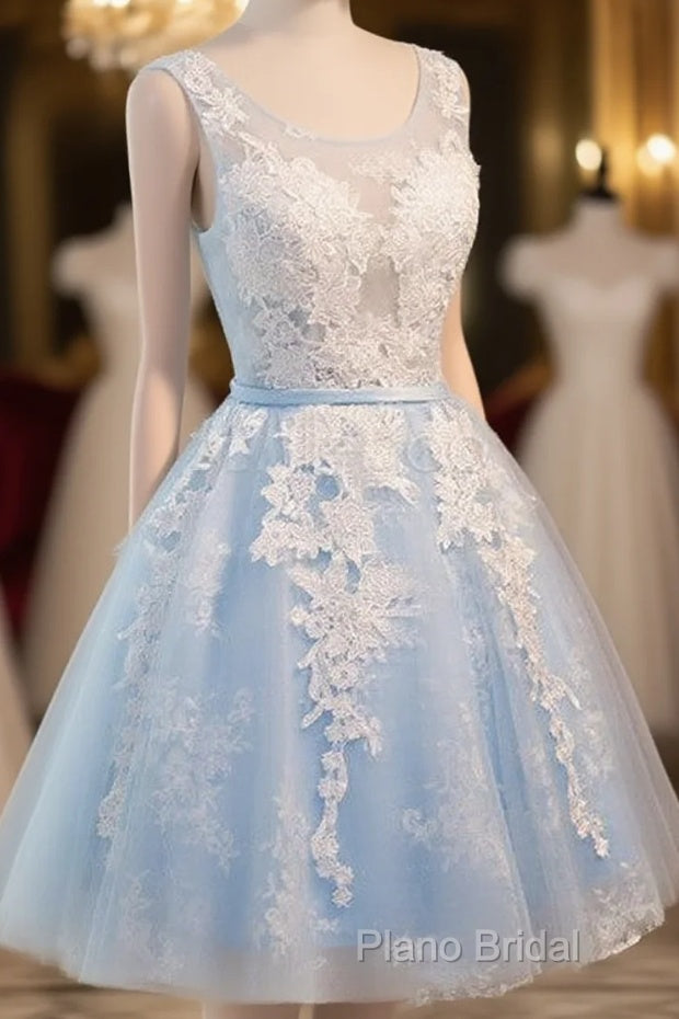 Blue Simple Tulle Homecoming Dresses Lace Applique, Baby Blue Sash Backless A Line Knee Length Formal Dresses Main image