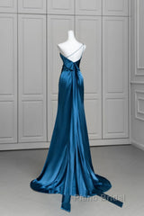 Blue Soft Satin Long Formal Prom Dresses With Leg Slit, Blue Evening Dresses Formal Dresses