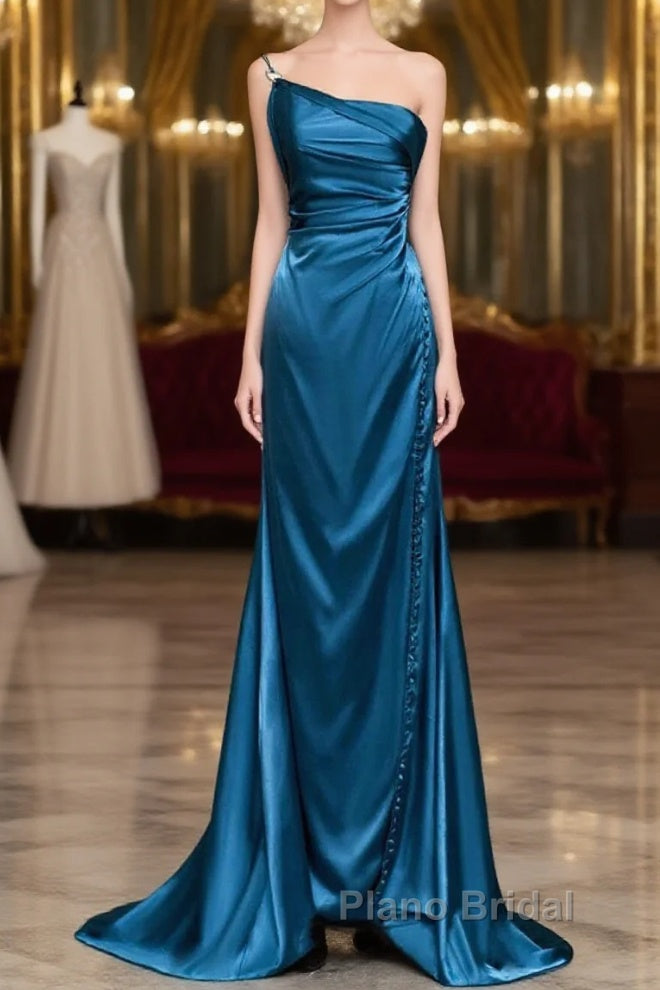 Blue Soft Satin Long Formal Prom Dresses With Leg Slit, Blue Evening Dresses Formal Dresses Main image