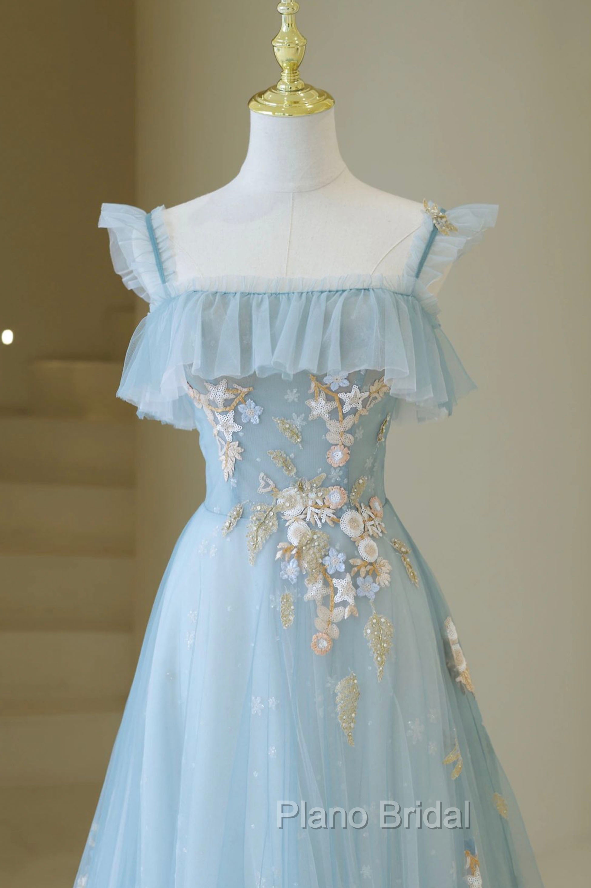 Blue Spaghetti Strap Lace Long Formal Prom Dresses, Cute A-Line Graduation Dresses Secondary image