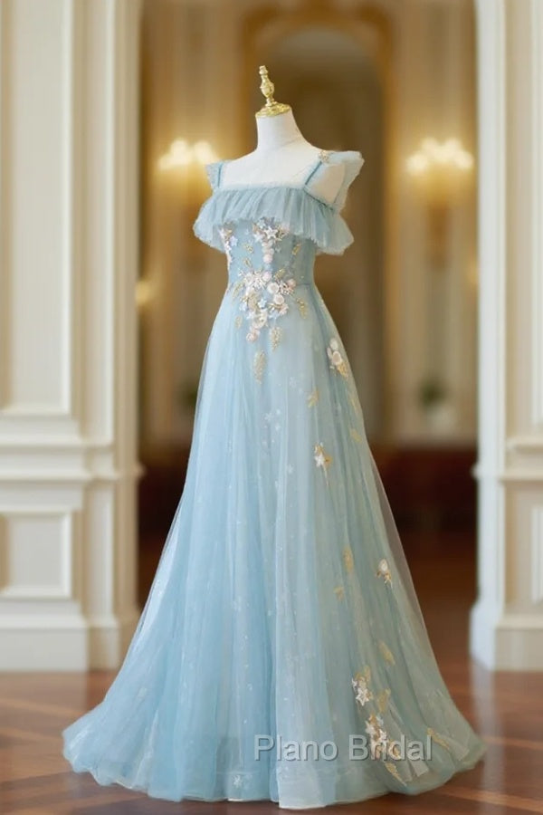 Blue Spaghetti Strap Lace Long Formal Prom Dresses, Cute A-Line Graduation Dresses