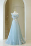 Blue Spaghetti Strap Lace Long Formal Prom Dresses, Cute A-Line Graduation Dresses
