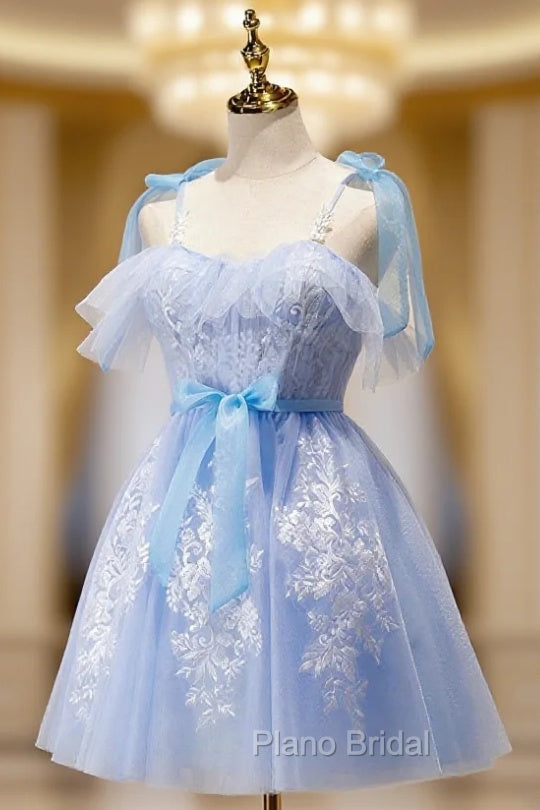Blue Spaghetti Strap Lace Short Formal Prom Dresses, Lovely A-Line Homecoming Dresses