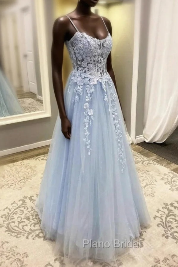 Blue Spaghetti Strap Tulle Appliques Formal Prom Dresses