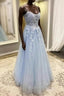 Blue Spaghetti Strap Tulle Appliques Formal Prom Dresses