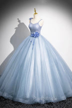 Blue Spaghetti Strap Tulle Floor Length Formal Prom Dresses, Pretty A-Line Evening Party Dresses