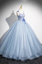 Blue Spaghetti Strap Tulle Floor Length Formal Prom Dresses, Pretty A-Line Evening Party Dresses