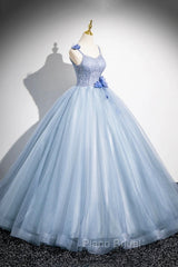 Blue Spaghetti Strap Tulle Floor Length Formal Prom Dresses, Pretty A-Line Evening Party Dresses