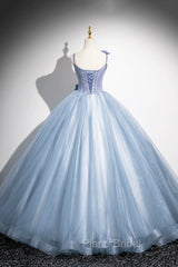 Blue Spaghetti Strap Tulle Floor Length Formal Prom Dresses, Pretty A-Line Evening Party Dresses