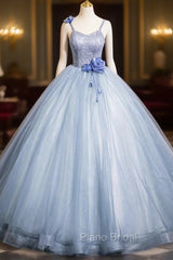 Blue Spaghetti Strap Tulle Floor Length Formal Prom Dresses, Pretty A-Line Evening Party Dresses