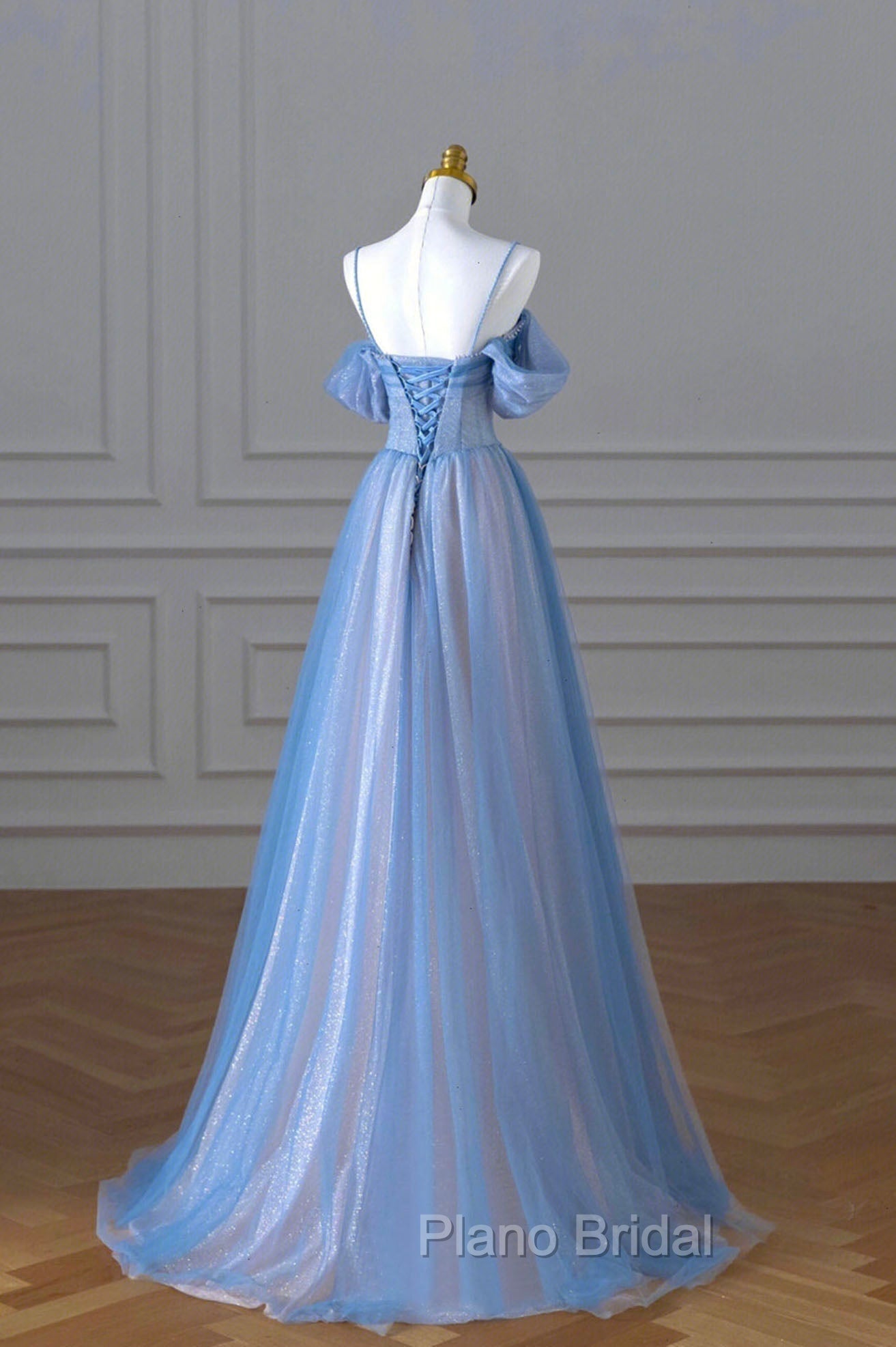 Blue Spaghetti Strap Tulle Long Formal Prom Dresses, A-Line Evening Dresses Secondary image