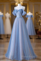 Blue Spaghetti Strap Tulle Long Formal Prom Dresses, Beautiful A-Line Formal Dresses