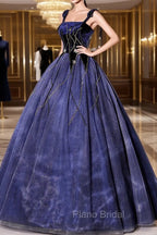 Blue Spaghetti Strap Tulle Long Formal Prom Dresses with Star, Blue Evening Party Dresses