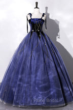 Blue Spaghetti Strap Tulle Long Formal Prom Dresses with Star, Blue Evening Party Dresses