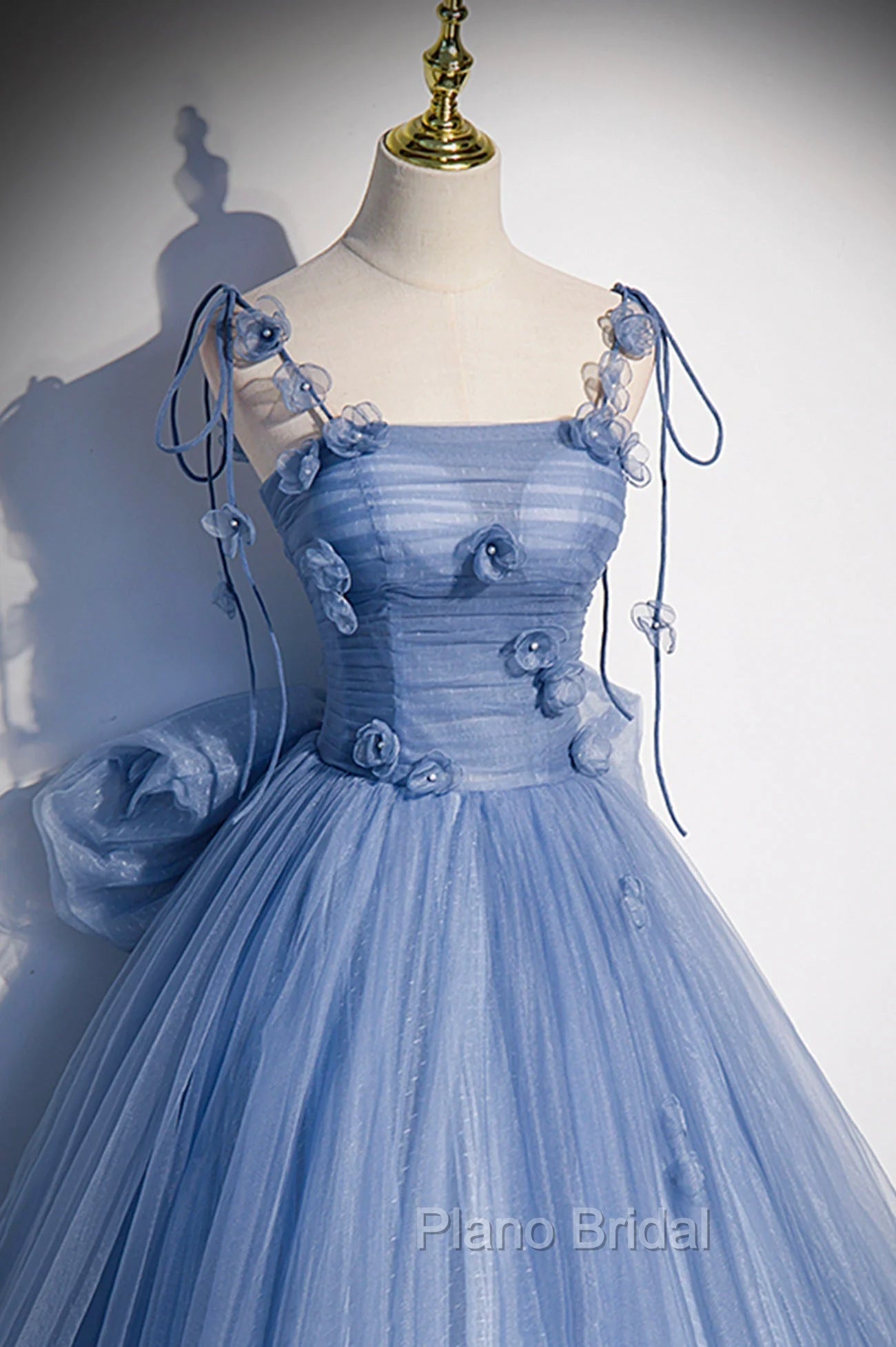 Blue Spaghetti Strap Tulle with Flowers Long Formal Dresses, Blue Party Dresses with Bow Secondary image