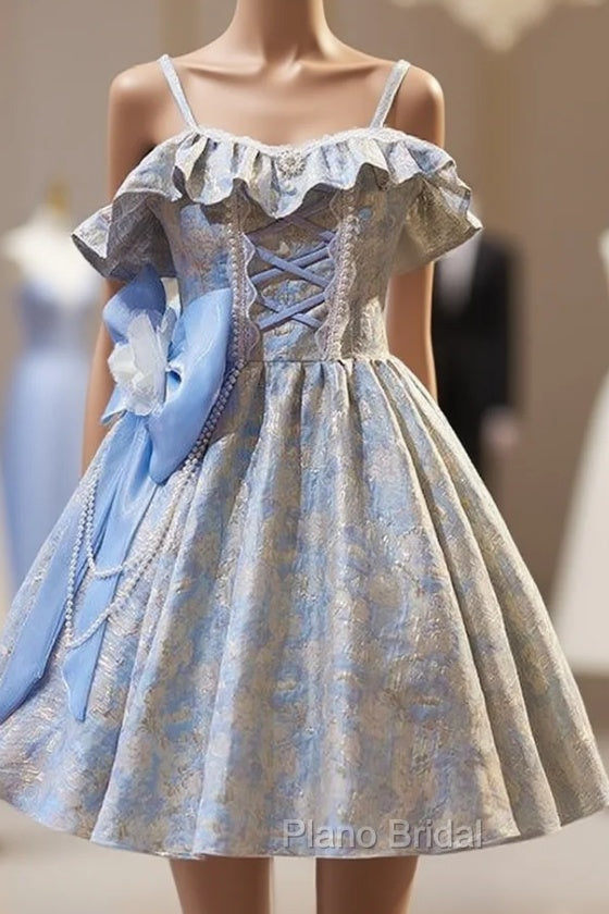 Blue Spaghetti Straps Bow Homecoming Dresses Main image