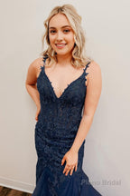 Blue Spaghetti Straps Mermaid Prom Dress With Appliques