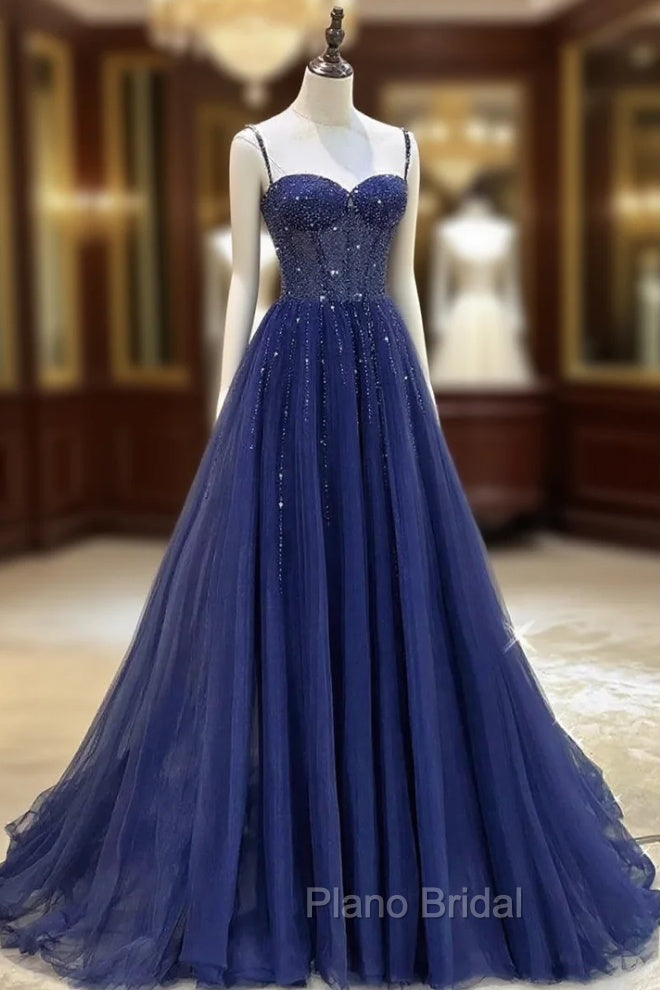 Blue Spaghetti Straps Tulle Beading Formal Prom Dresses