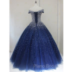 Blue Sparkle Off Shoulder Ball Party Dresses , Handmade Beaded Party Dresses