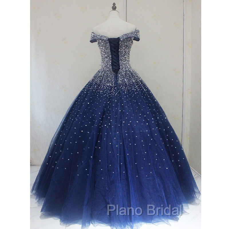 Blue Sparkle Off Shoulder Ball Party Dresses , Handmade Beaded Party Dresses