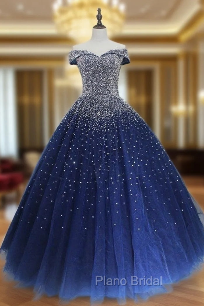 Blue Sparkle Off Shoulder Ball Party Dresses , Handmade Beaded Party Dresses