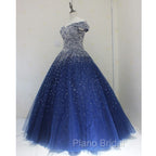 Blue Sparkle Off Shoulder Ball Party Dresses , Handmade Beaded Party Dresses