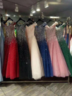 Blue Sparkle Off Shoulder Ball Party Dresses , Handmade Beaded Party Dresses