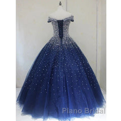 Blue Sparkle Off Shoulder Ball Party Dresses Handmade Beaded Party Dresses Elegant Formal Prom Dresses Evening Dresses