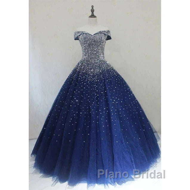 Blue Sparkle Off Shoulder Ball Party Dresses Handmade Beaded Party Dresses Elegant Formal Prom Dresses Evening Dresses
