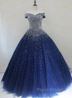 Blue Sparkle Off Shoulder Ball Party Dresses Handmade Beaded Party Dresses Elegant Formal Prom Dresses Evening Dresses