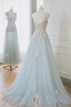 Blue Strapless Lace Formal Formal Prom Dresses, A-Line Tulle Evening Party Dresses