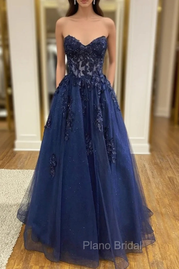 Blue Strapless Lace Long Formal Prom Dresses, A-Line Evening Dresses Party Dresses