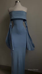 Blue Strapless Prom Dress Long Sleeve Bodycon Party Dress