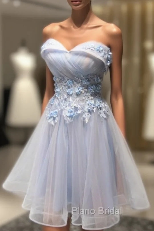 Blue Strapless Tulle Appliques Knee Length Homecoming Dresses Main image