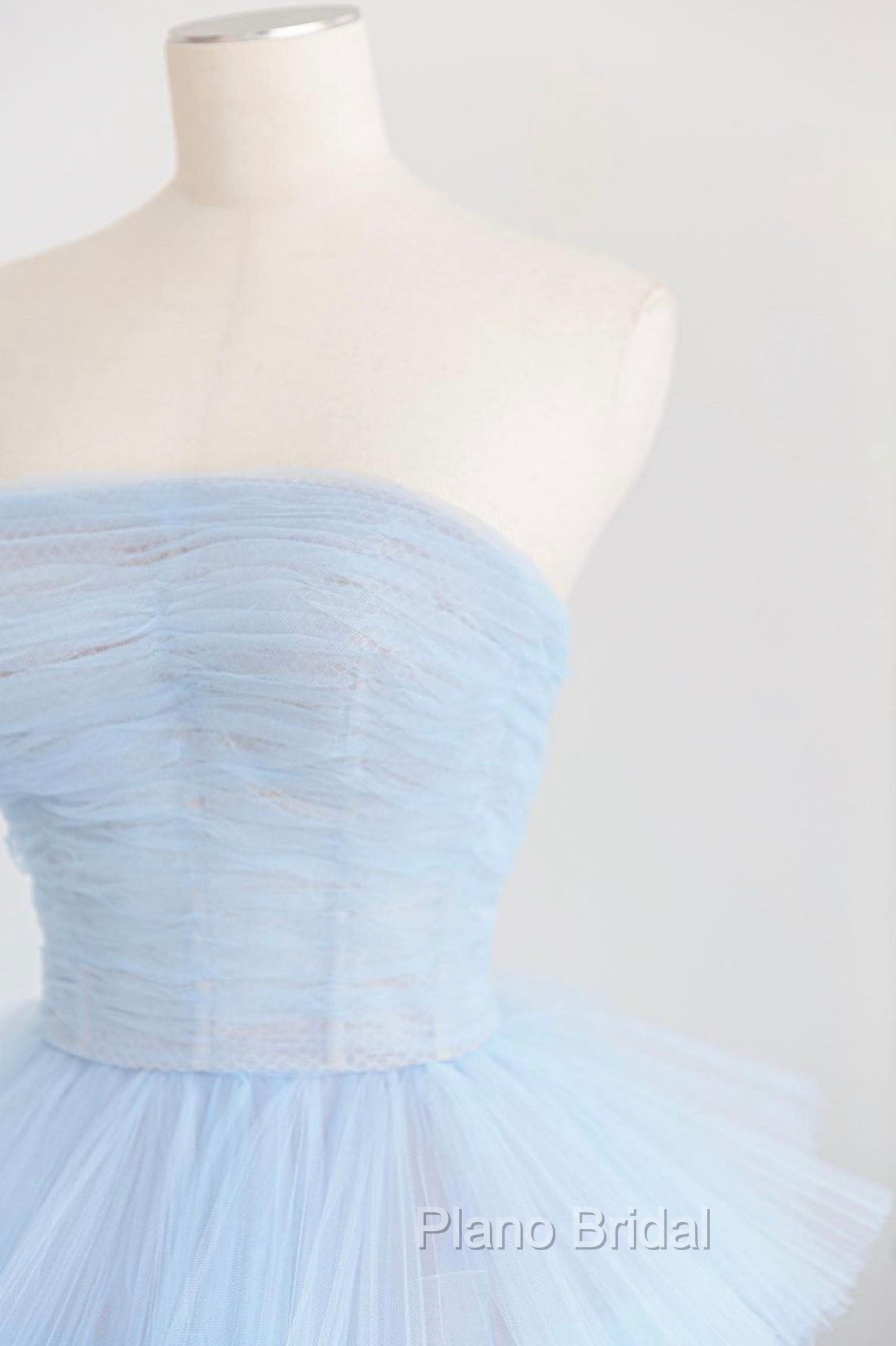 Blue Strapless Tulle Layers Long Formal Prom Dresses, A-Line Evening Dresses
