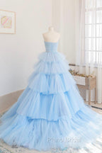 Blue Strapless Tulle Layers Long Formal Prom Dresses, A-Line Evening Dresses