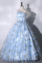 Blue Strapless Tulle Long Prom Dress, Blue A-Line Evening Party Gown