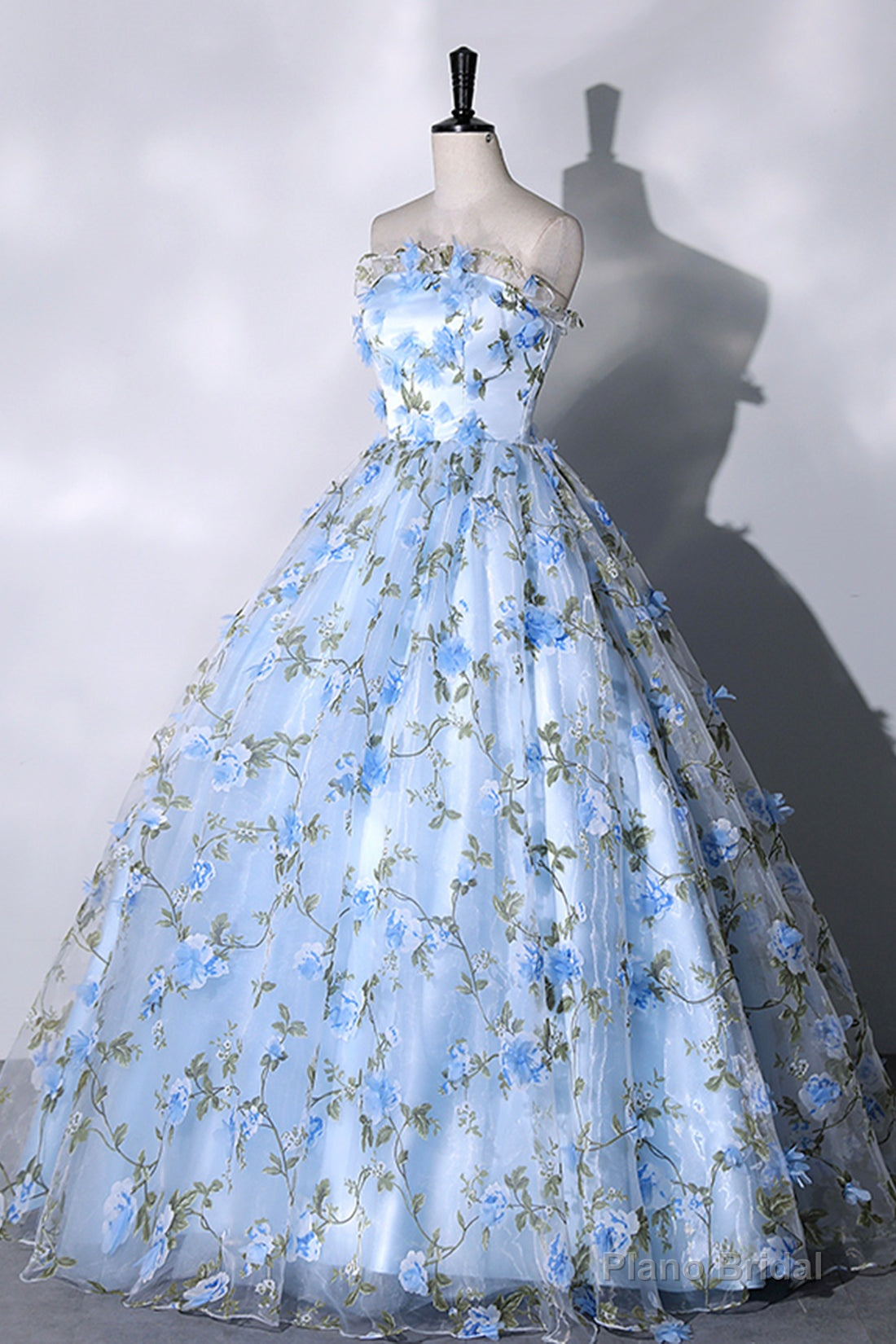 Blue Strapless Tulle Long Prom Dress, Blue A-Line Evening Party Gown