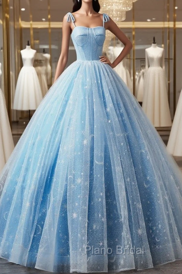 Blue Straps Tulle Floral Long Formal Prom Dresses, Blue Formal Dresses Party Dresses