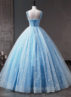 Blue Straps Tulle Floral Long Formal Prom Dresses, Blue Formal Dresses Party Dresses