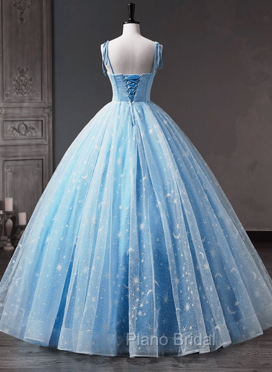 Blue Straps Tulle Floral Long Formal Prom Dresses, Blue Formal Dresses Party Dresses