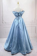Blue Sweet A-Line Spaghetti Strap Satin Long Formal Prom Dresses Evening Party Dresses