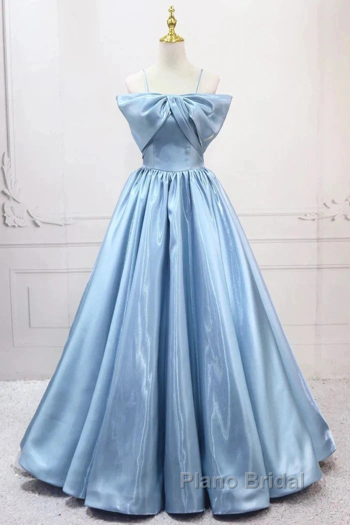 Blue Sweet A-Line Spaghetti Strap Satin Long Formal Prom Dresses Evening Party Dresses