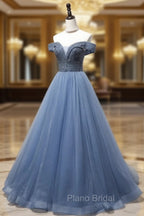 Blue Sweetheart Neck Beads Long Formal Prom Dresses, Blue Tulle Formal Dresses With Beading Sequin