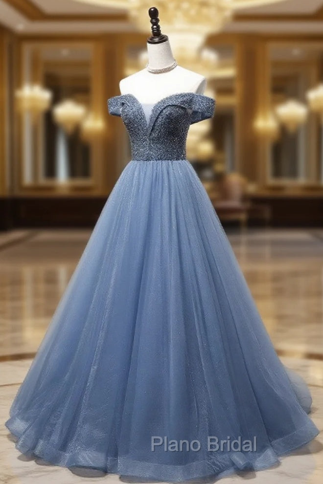 Blue Sweetheart Neck Beads Long Formal Prom Dresses, Blue Tulle Formal Dresses With Beading Sequin