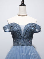 Blue Sweetheart Neck Beads Long Formal Prom Dresses, Blue Tulle Formal Dresses With Beading Sequin