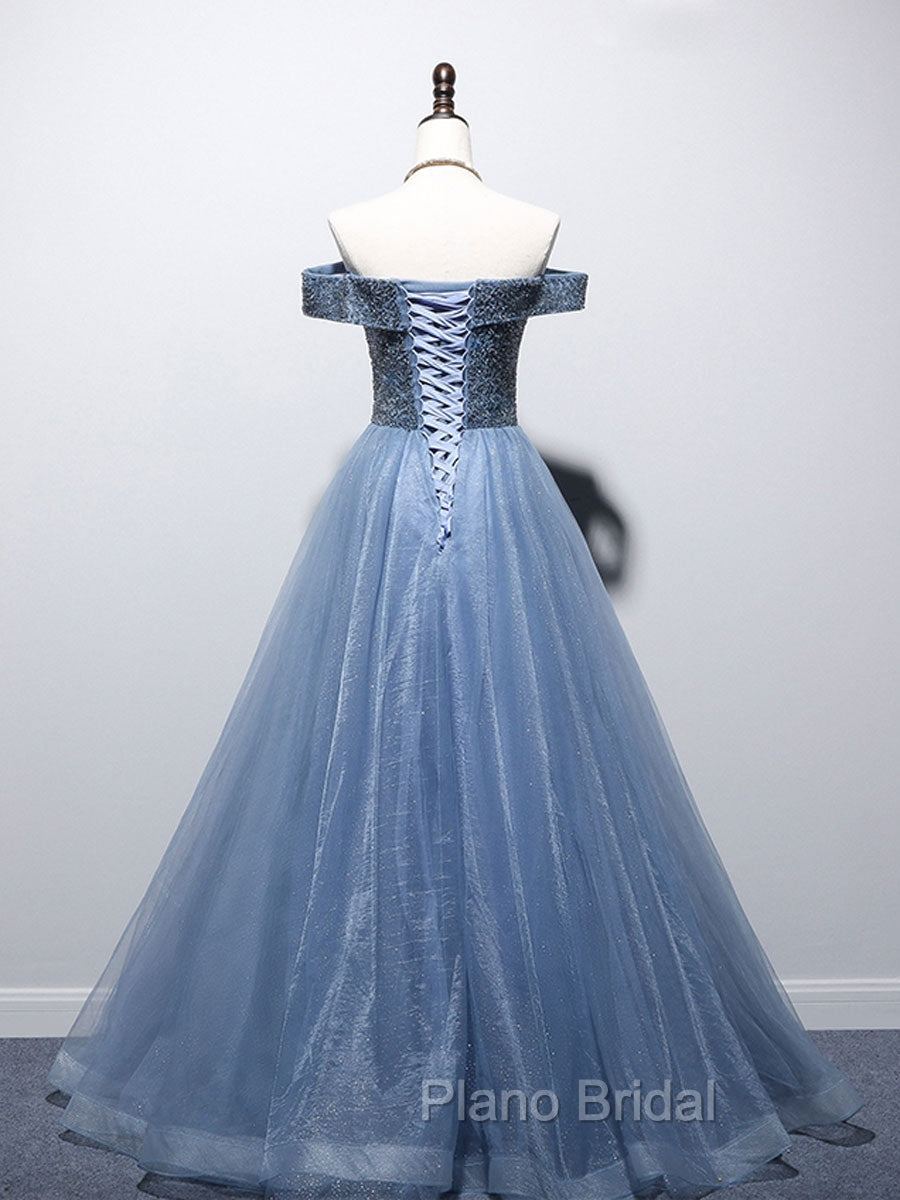 Blue Sweetheart Neck Beads Long Formal Prom Dresses, Blue Tulle Formal Dresses With Beading Sequin