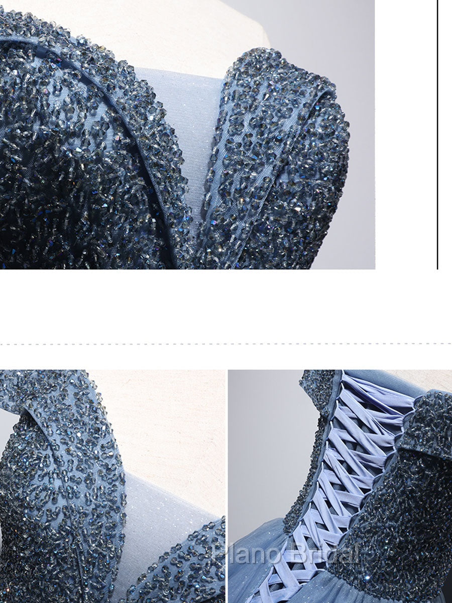 Blue Sweetheart Neck Beads Long Formal Prom Dresses, Blue Tulle Formal Dresses With Beading Sequin