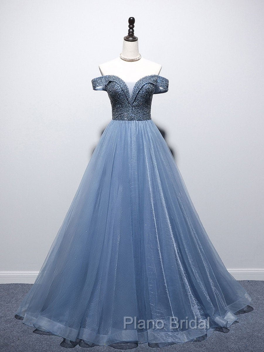Blue Sweetheart Neck Beads Long Formal Prom Dresses, Blue Tulle Formal Dresses With Beading Sequin Secondary image